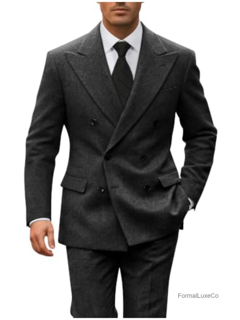 Men's Double Breasted Herringbone Wool Suit - 2 Piece Formal Tuxedo Set